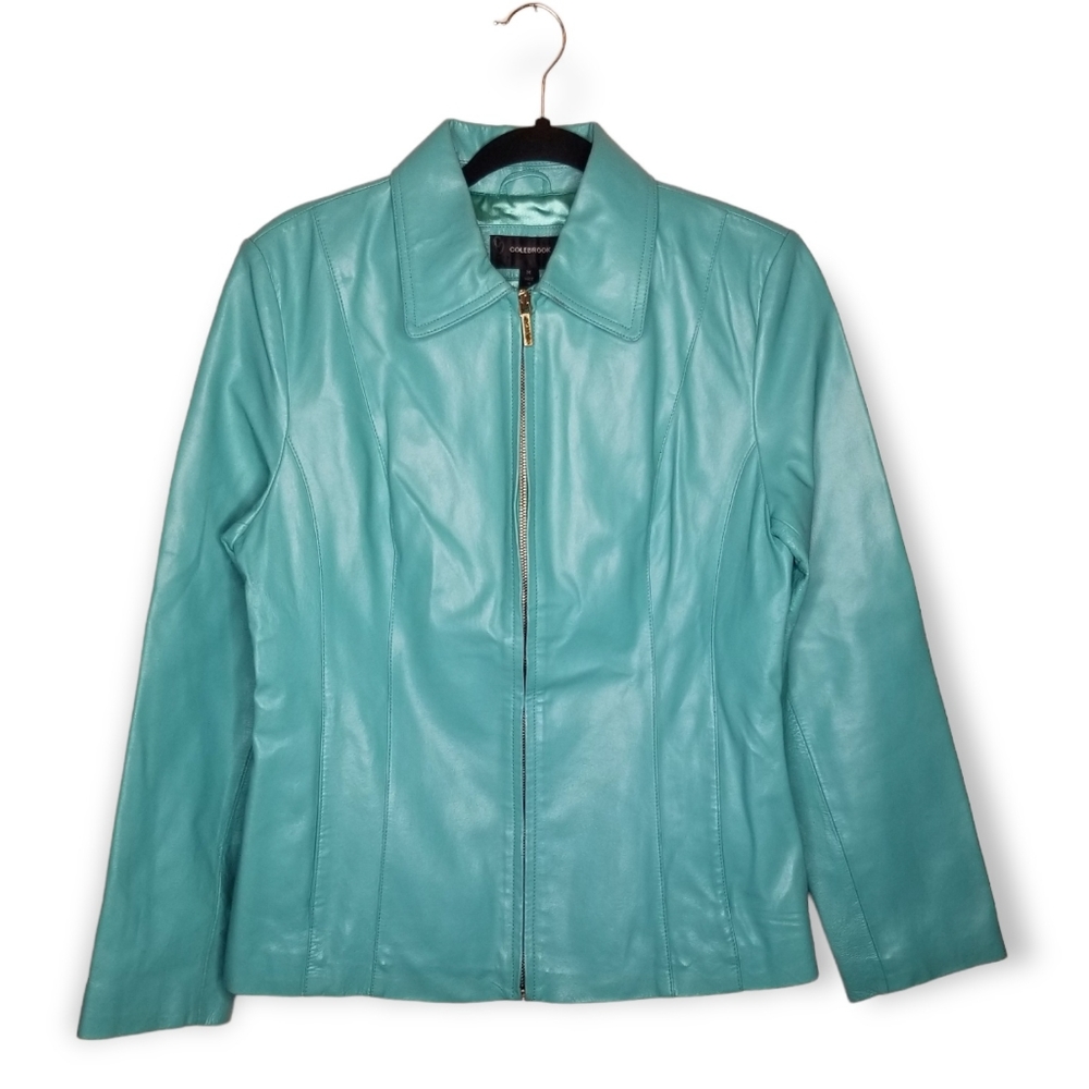 •SOLD• 90s Y2K turquoise leather jacket zip front fitted Colebrook M - Picture 1 of 6
